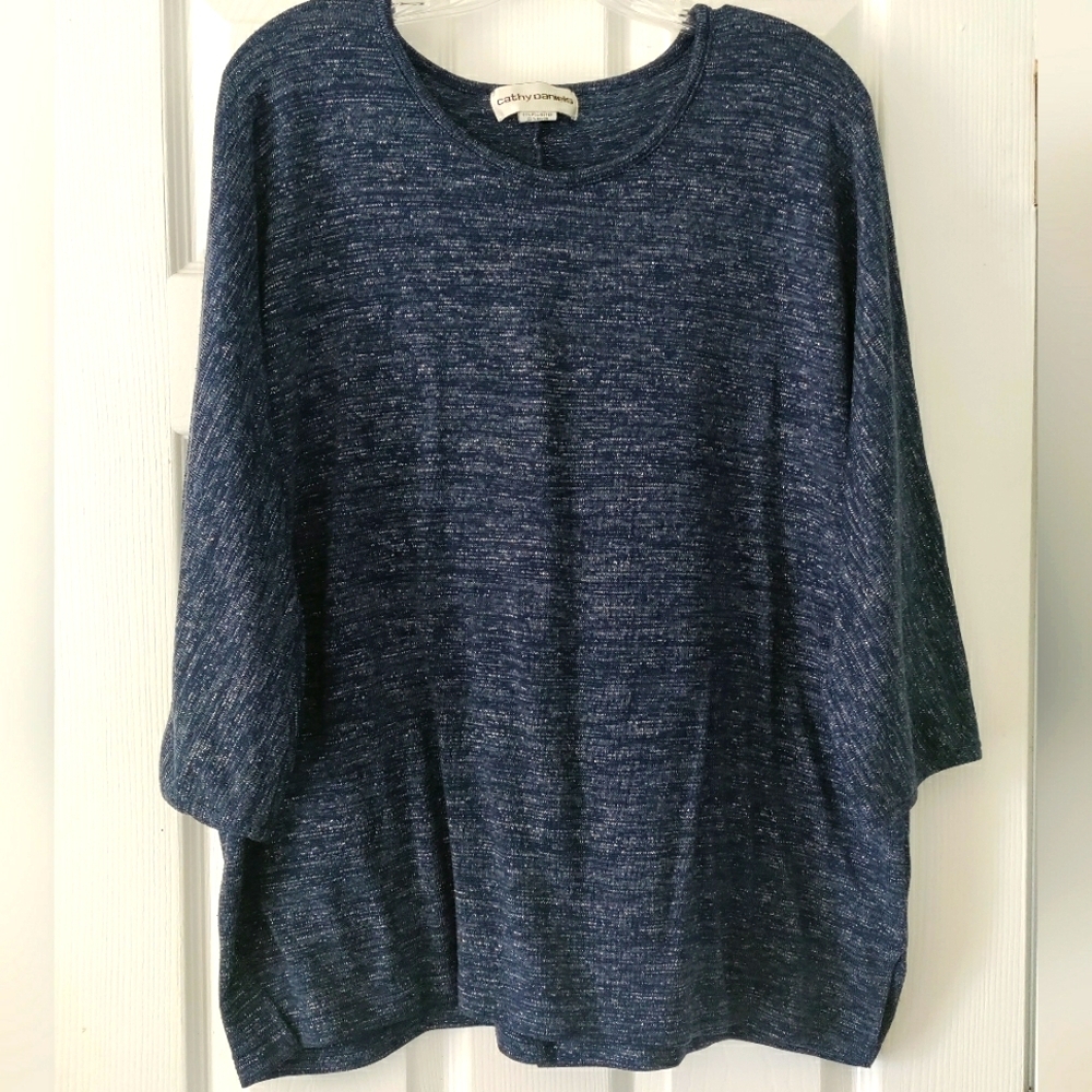 Cathy Daniels Scoop Neck Blue With Silver Sequin Sparkle Sweater, 3/4 Sleeve